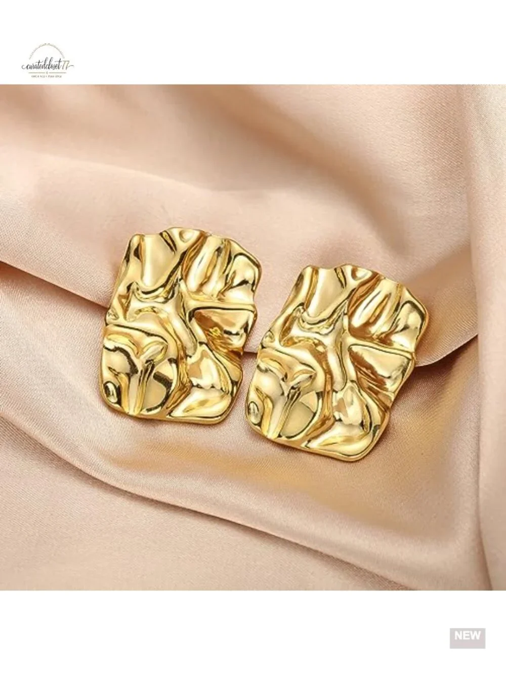 Geometric Rectangle Gold Plated Stud Earrings Irregular Hammered Chunky